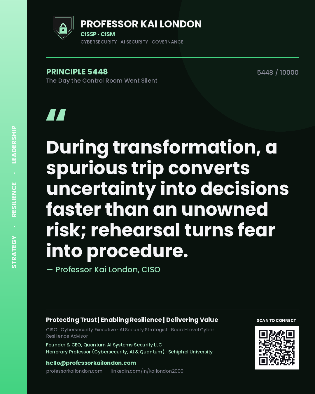 Professor Kai London principle 5448: During transformation, a spurious trip converts uncertainty into decisions faster than an unowned risk; rehearsal turns fear into procedure.