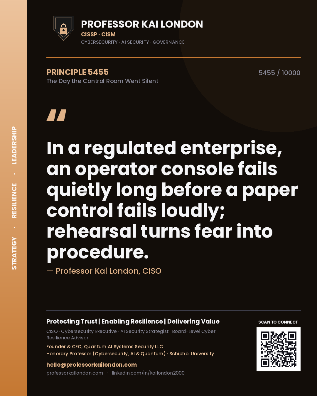 Professor Kai London principle 5455: In a regulated enterprise, an operator console fails quietly long before a paper control fails loudly; rehearsal turns fear into procedure.