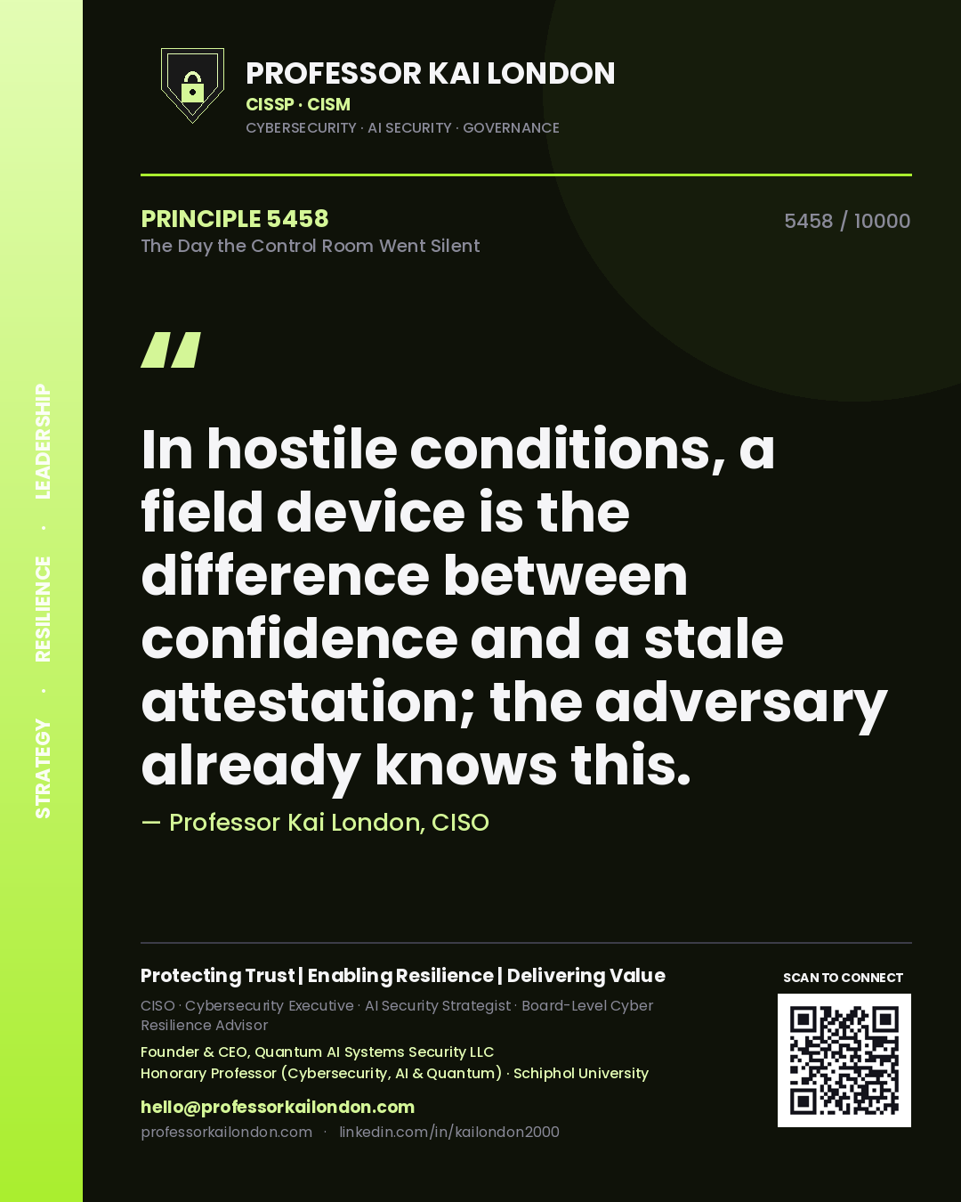 Quote card by Professor Kai London reading 'In hostile conditions, a field device is the difference between confidence and a stale attestation; the adversary already knows this.'. From the book The Day the Control Room Went Silent.