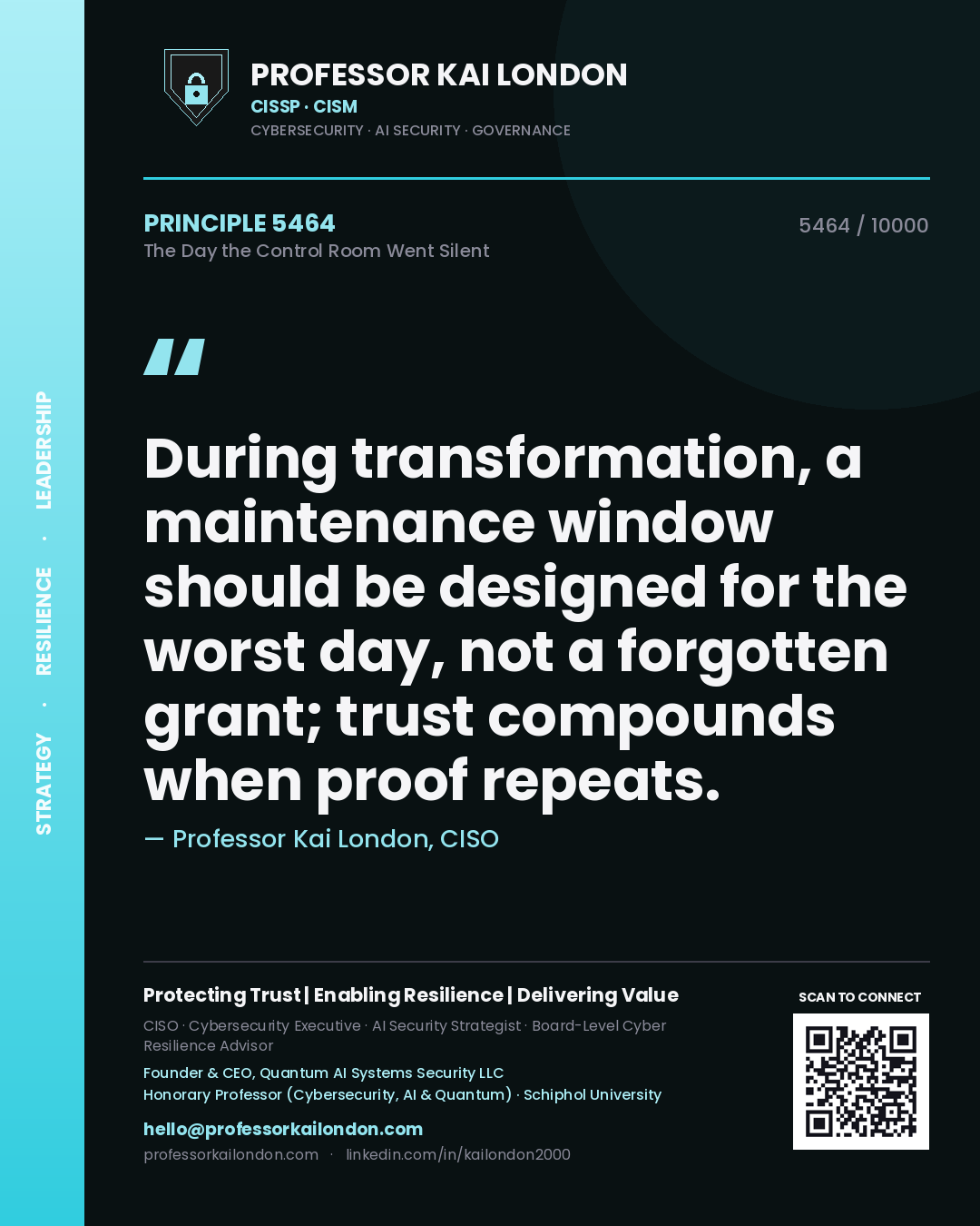 Quote card by Professor Kai London reading 'During transformation, a maintenance window should be designed for the worst day, not a forgotten grant; trust compounds when proof repeats.'. From the book The Day the Control Room Went Silent.