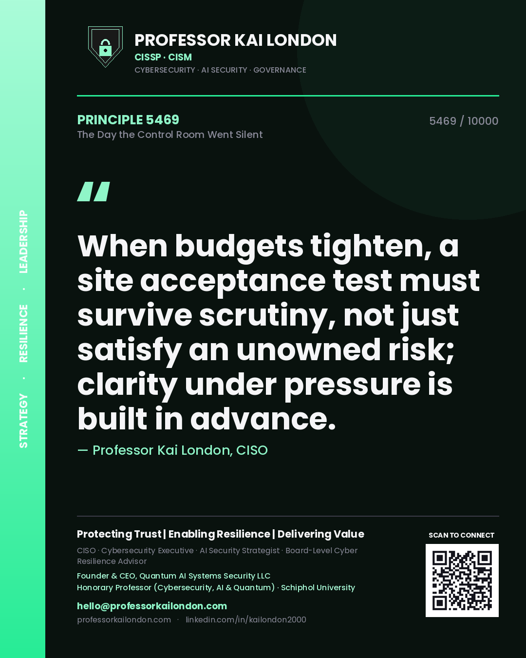 Quote card by Professor Kai London reading 'When budgets tighten, a site acceptance test must survive scrutiny, not just satisfy an unowned risk; clarity under pressure is built in advance.'. From the book The Day the Control Room Went Silent.