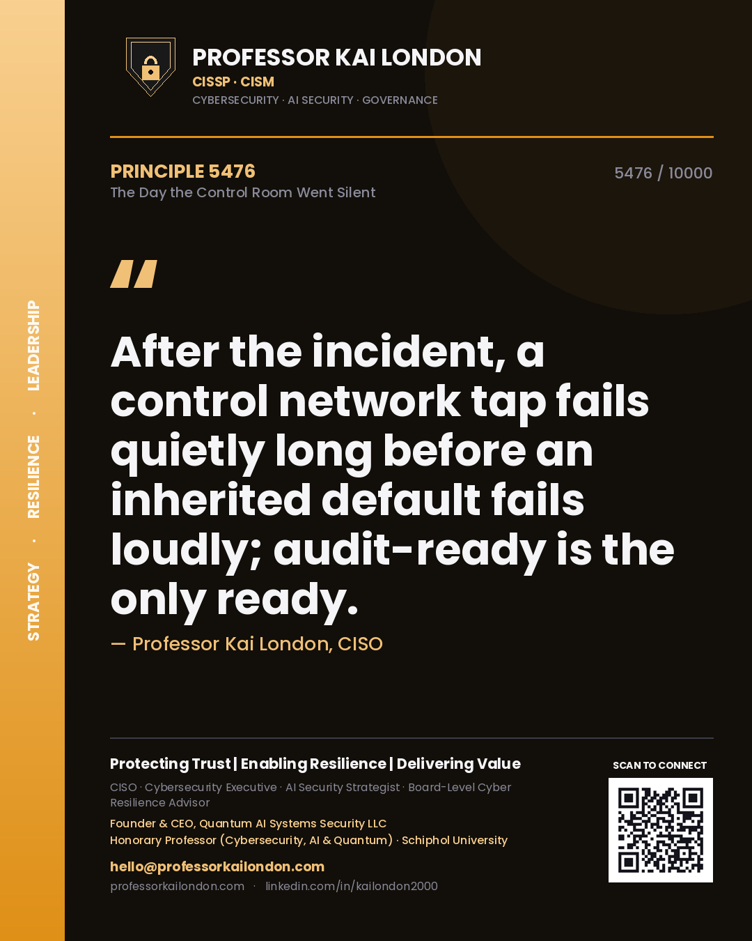 Quote card by Professor Kai London reading 'After the incident, a control network tap fails quietly long before an inherited default fails loudly; audit-ready is the only ready.'. From the book The Day the Control Room Went Silent.