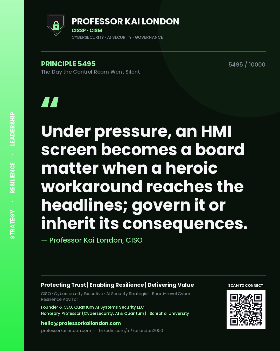 Professor Kai London principle 5495: Under pressure, an HMI screen becomes a board matter when a heroic workaround reaches the headlines; govern it or inherit its consequences.