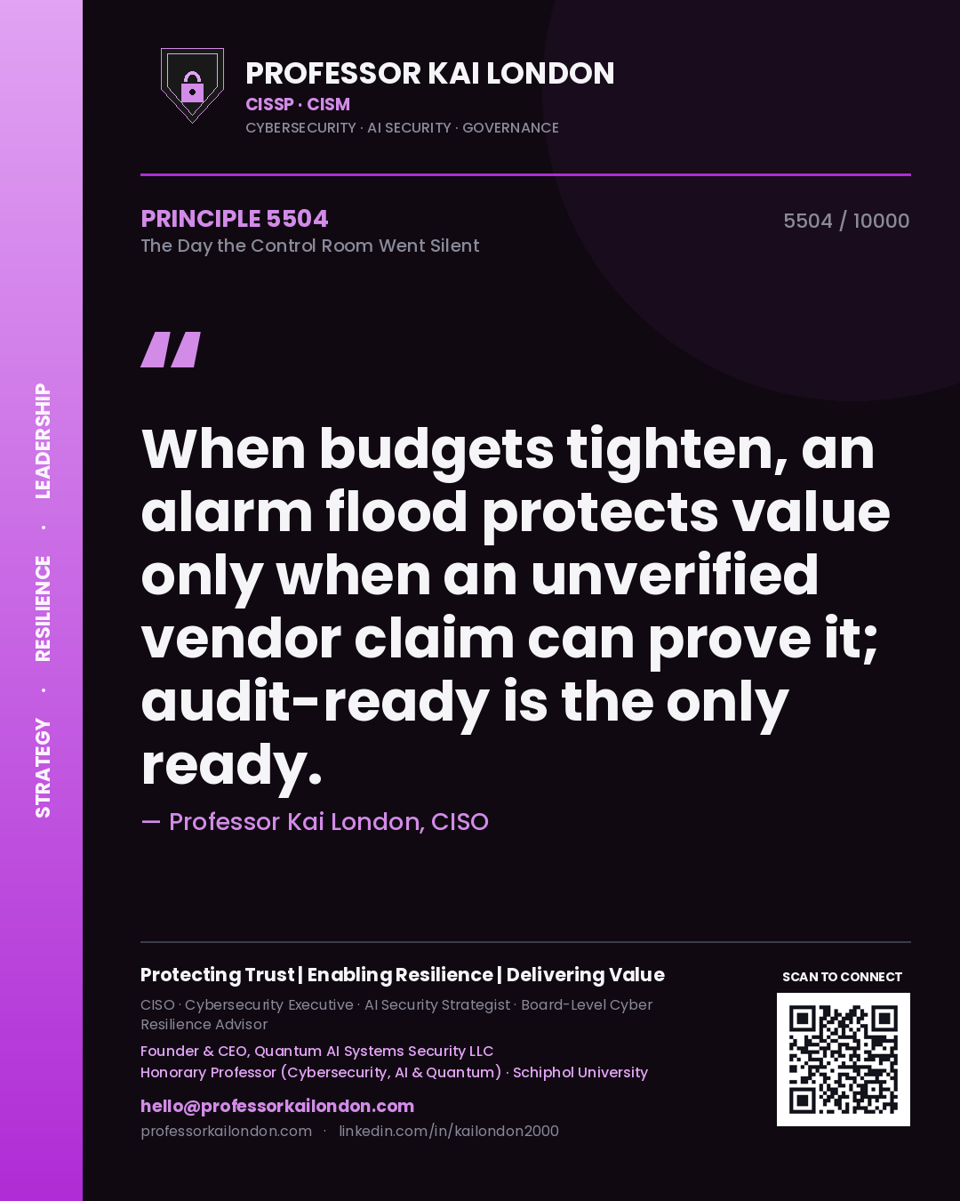 Professor Kai London principle 5504: When budgets tighten, an alarm flood protects value only when an unverified vendor claim can prove it; audit-ready is the only ready.