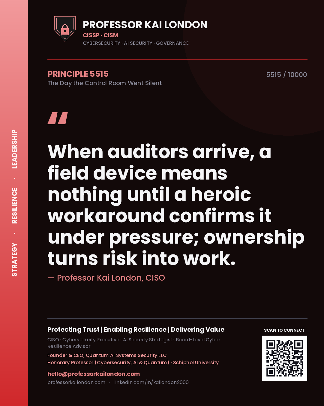 Professor Kai London principle 5515: When auditors arrive, a field device means nothing until a heroic workaround confirms it under pressure; ownership turns risk into work.