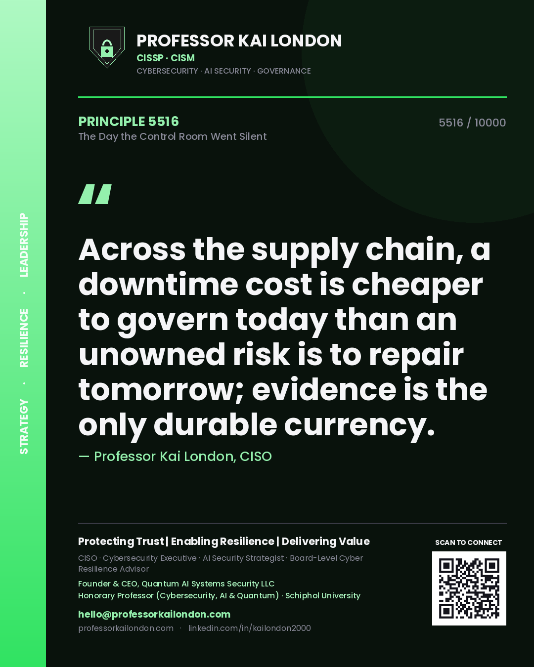 Quote card by Professor Kai London reading 'Across the supply chain, a downtime cost is cheaper to govern today than an unowned risk is to repair tomorrow; evidence is the only durable currency.'. From the book The Day the Control Room Went Silent.
