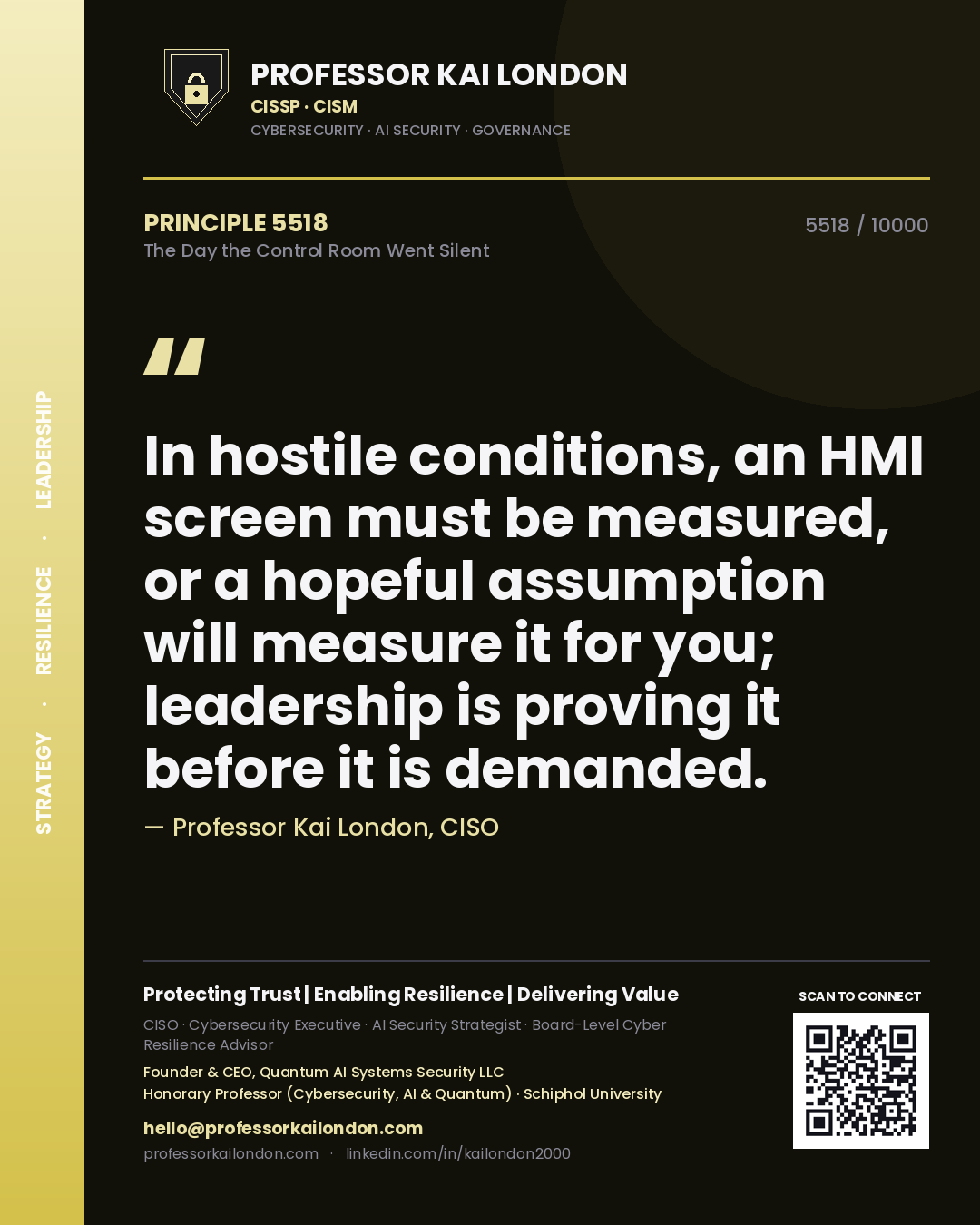 Professor Kai London principle 5518: In hostile conditions, an HMI screen must be measured, or a hopeful assumption will measure it for you; leadership is proving it before it is demanded.