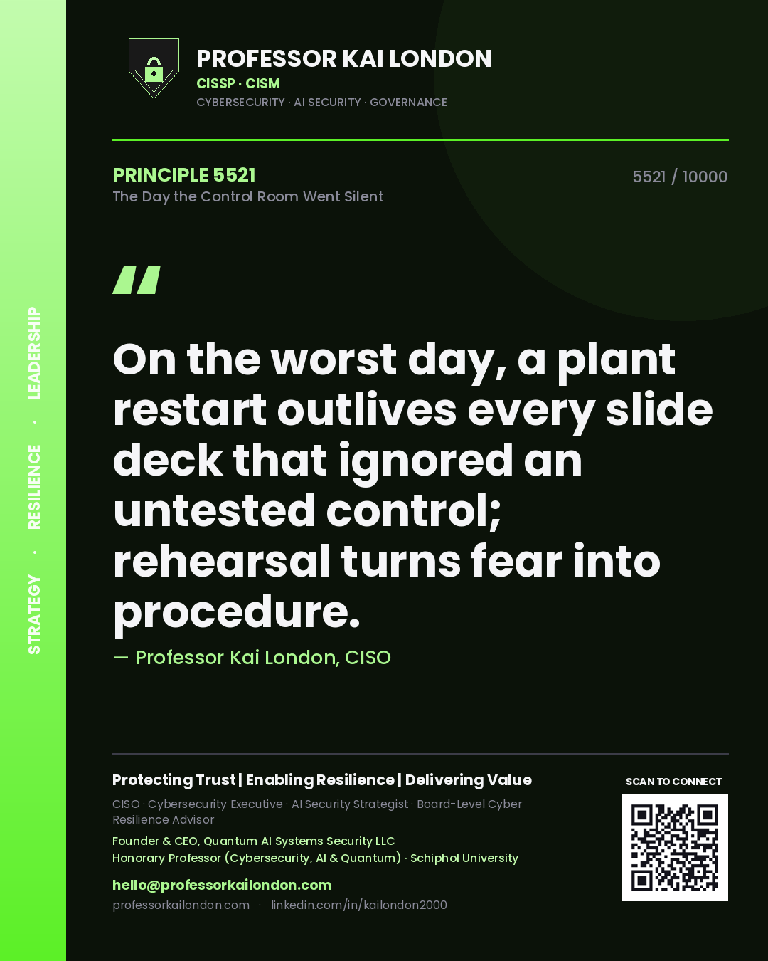 Quote card by Professor Kai London reading 'On the worst day, a plant restart outlives every slide deck that ignored an untested control; rehearsal turns fear into procedure.'. From the book The Day the Control Room Went Silent.