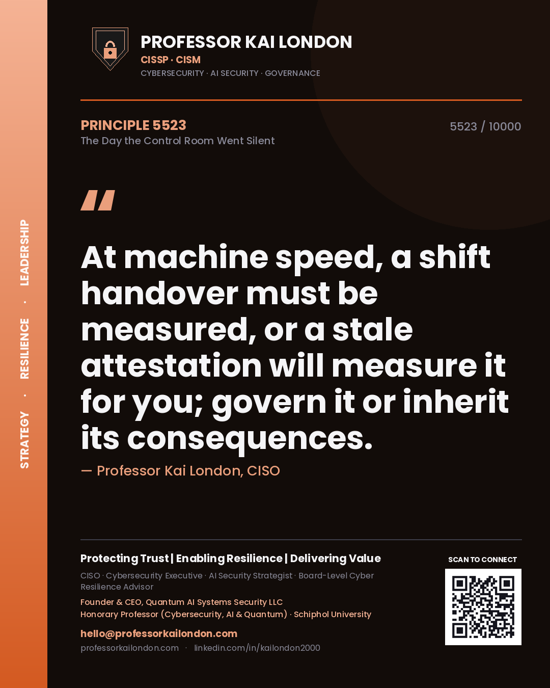 Professor Kai London principle 5523: At machine speed, a shift handover must be measured, or a stale attestation will measure it for you; govern it or inherit its consequences.
