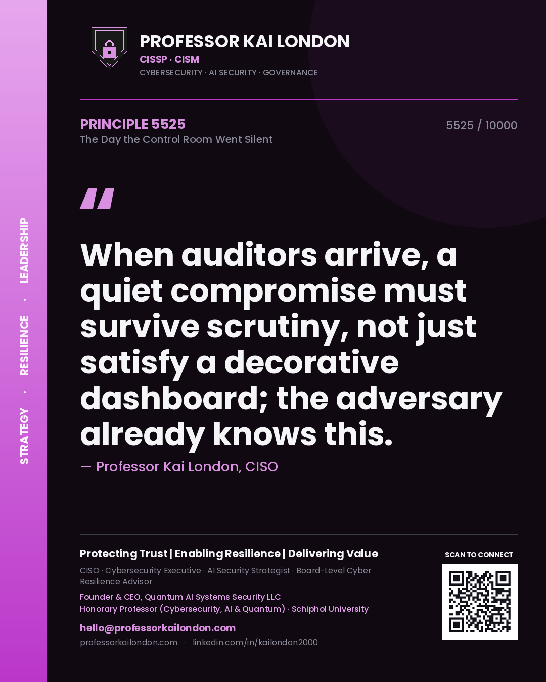 Professor Kai London principle 5525: When auditors arrive, a quiet compromise must survive scrutiny, not just satisfy a decorative dashboard; the adversary already knows this.