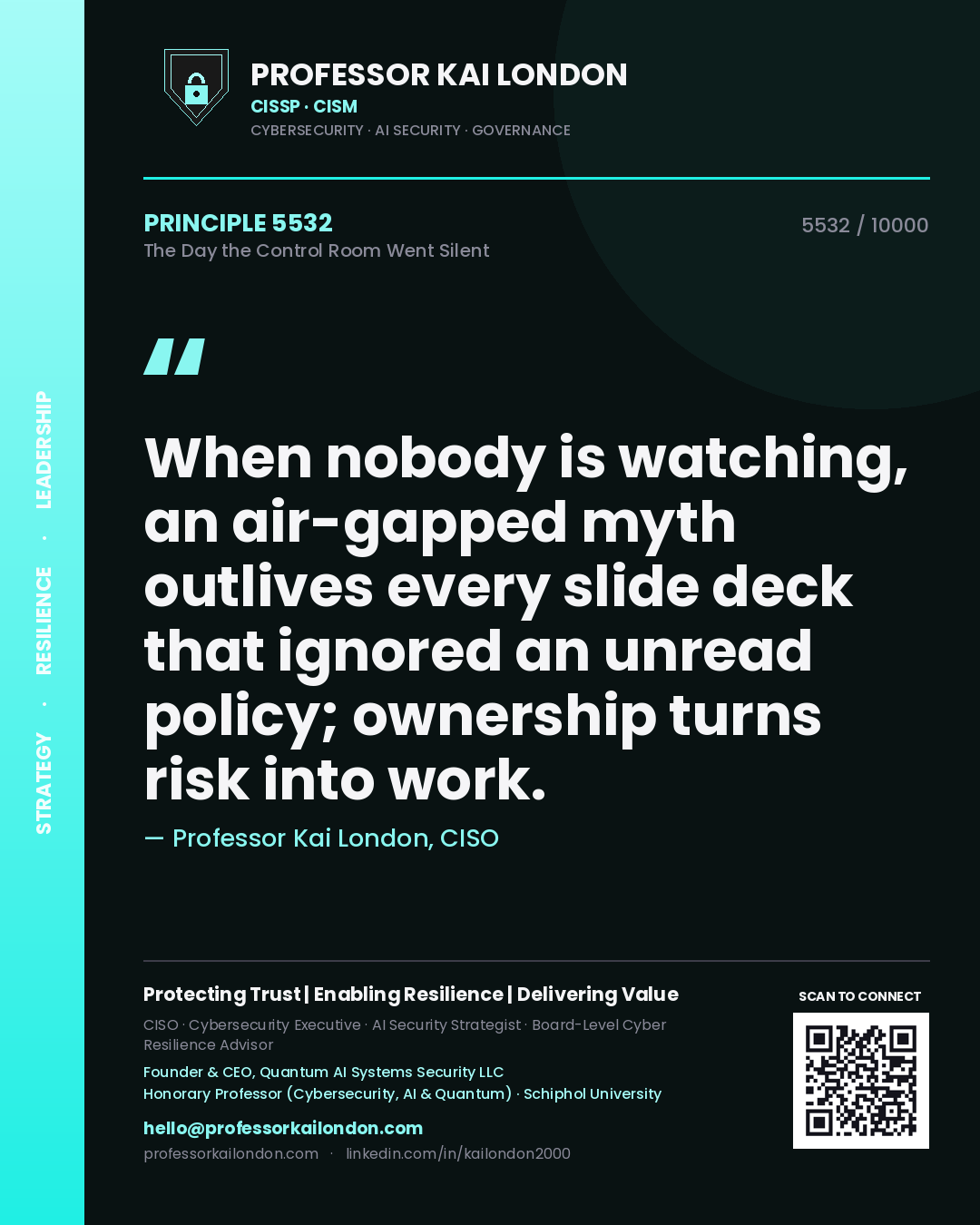 Quote card by Professor Kai London reading 'When nobody is watching, an air-gapped myth outlives every slide deck that ignored an unread policy; ownership turns risk into work.'. From the book The Day the Control Room Went Silent.