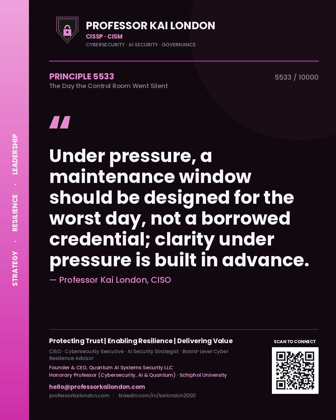 Professor Kai London principle 5533: Under pressure, a maintenance window should be designed for the worst day, not a borrowed credential; clarity under pressure is built in advance.