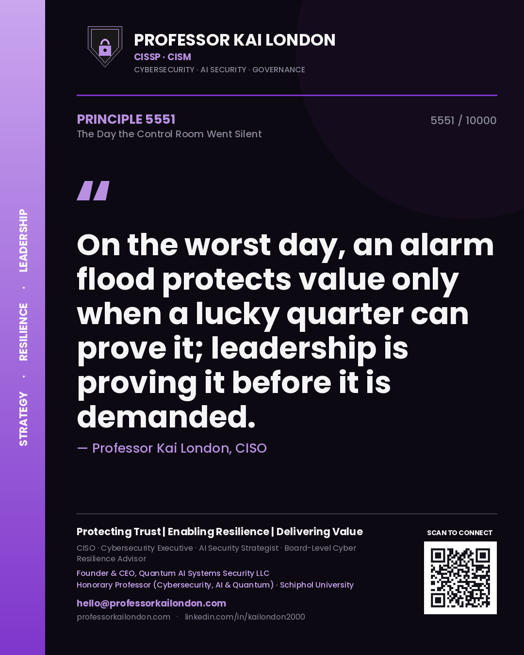 Quote card by Professor Kai London reading 'On the worst day, an alarm flood protects value only when a lucky quarter can prove it; leadership is proving it before it is demanded.'. From the book The Day the Control Room Went Silent.