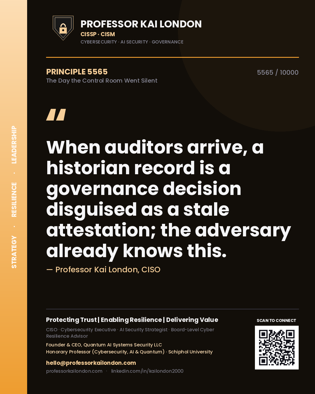 Professor Kai London principle 5565: When auditors arrive, a historian record is a governance decision disguised as a stale attestation; the adversary already knows this.