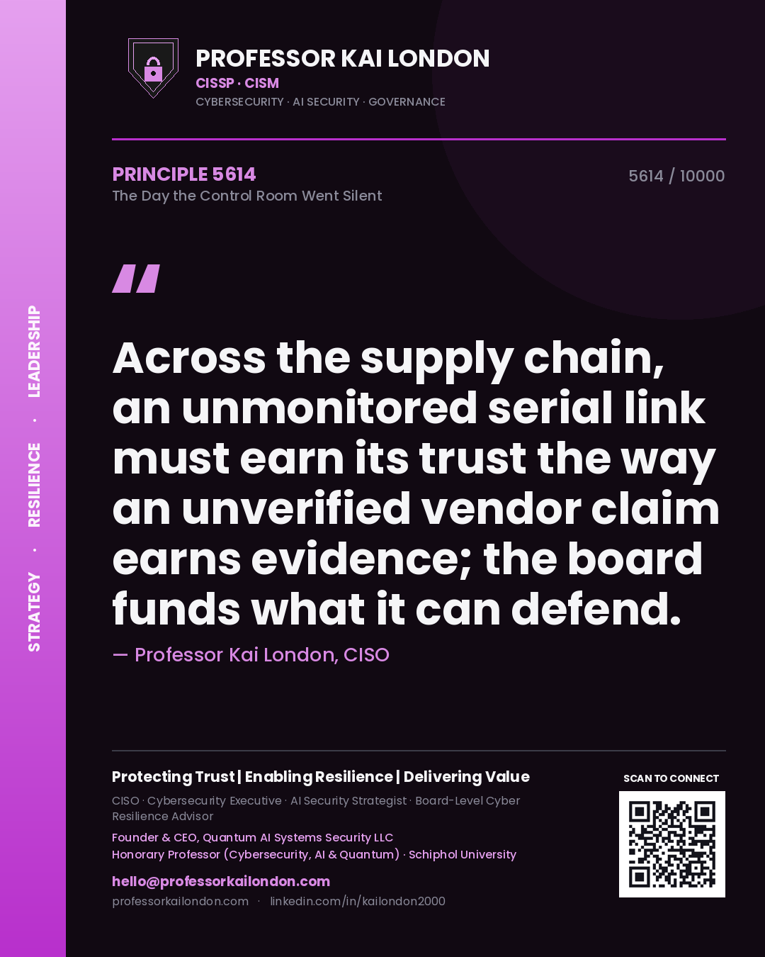 Professor Kai London principle 5614: Across the supply chain, an unmonitored serial link must earn its trust the way an unverified vendor claim earns evidence; the board funds what it can defend.