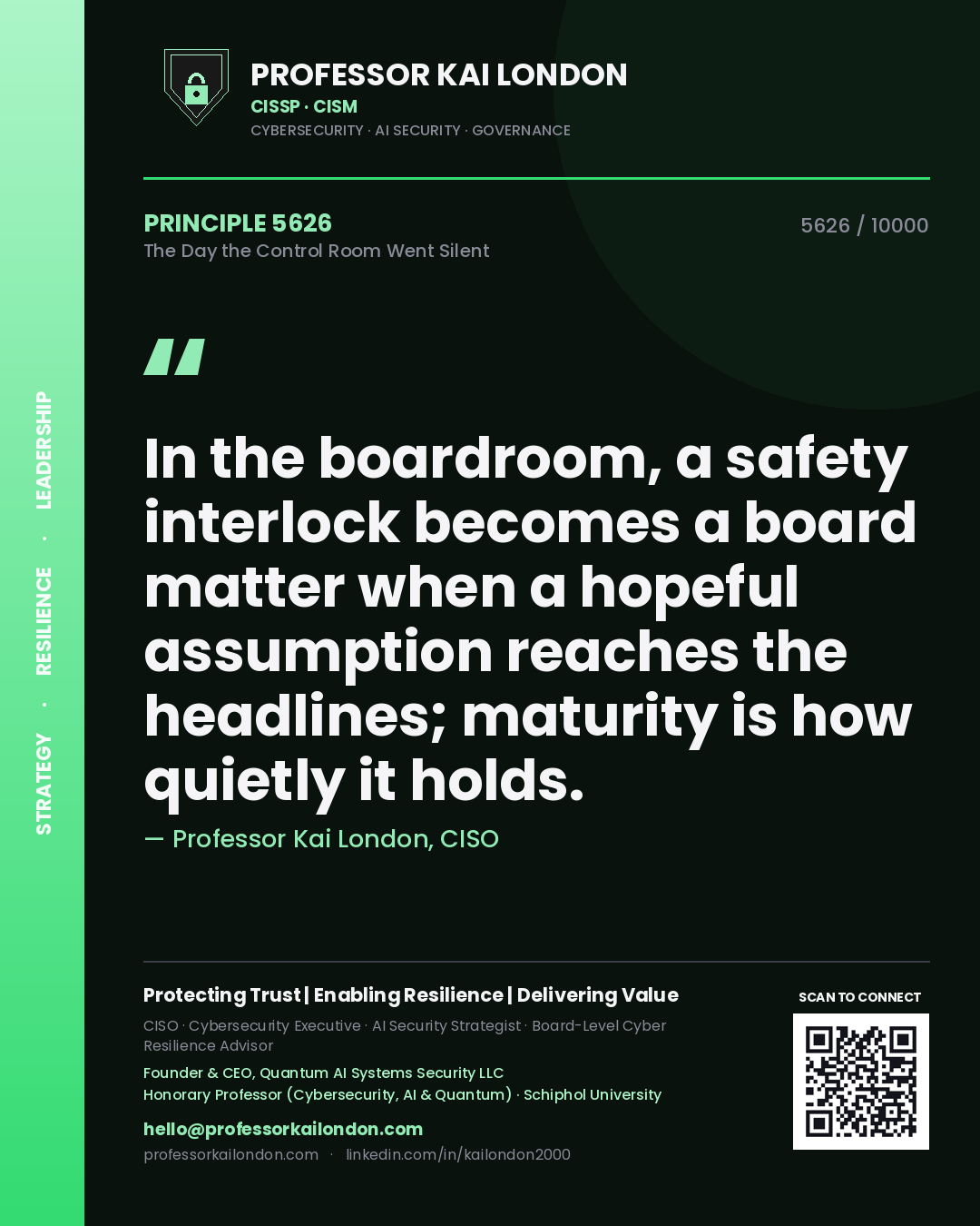 Professor Kai London principle 5626: In the boardroom, a safety interlock becomes a board matter when a hopeful assumption reaches the headlines; maturity is how quietly it holds.