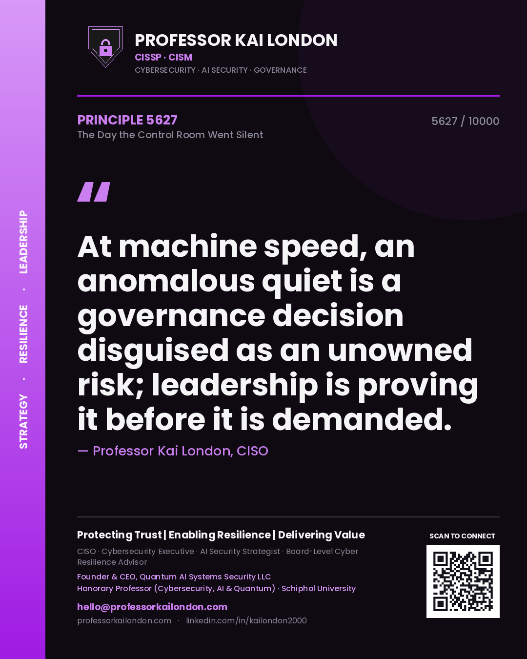 Professor Kai London principle 5627: At machine speed, an anomalous quiet is a governance decision disguised as an unowned risk; leadership is proving it before it is demanded.