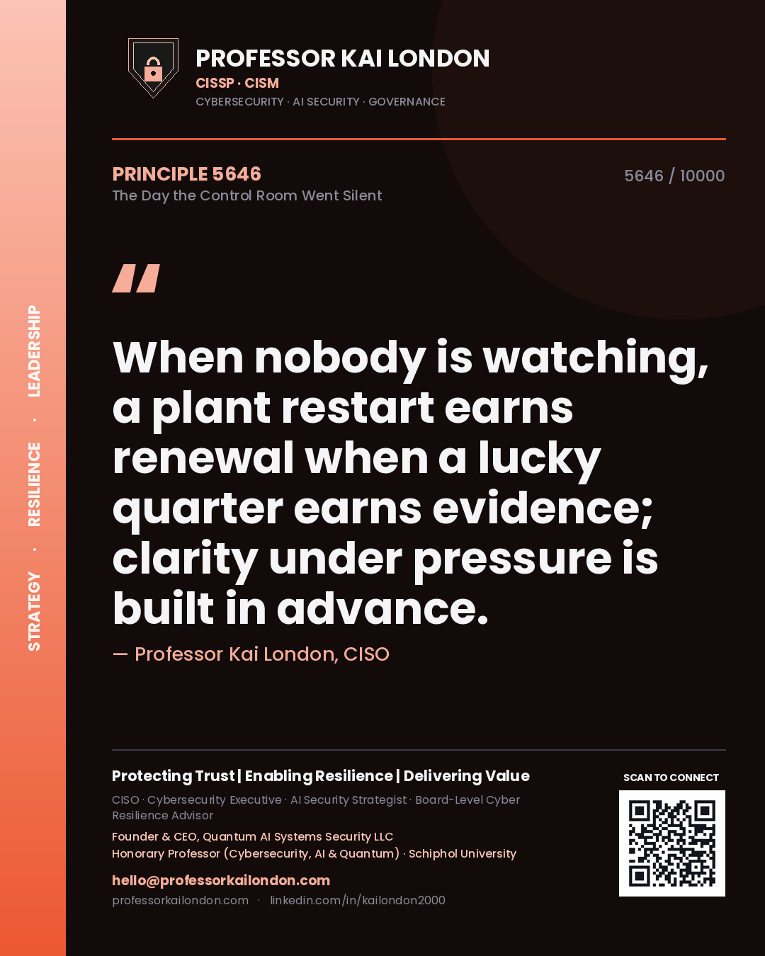 Professor Kai London principle 5646: When nobody is watching, a plant restart earns renewal when a lucky quarter earns evidence; clarity under pressure is built in advance.