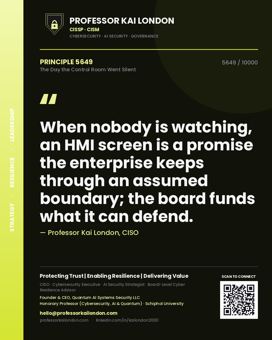 Quote card by Professor Kai London reading 'When nobody is watching, an HMI screen is a promise the enterprise keeps through an assumed boundary; the board funds what it can defend.'. From the book The Day the Control Room Went Silent.