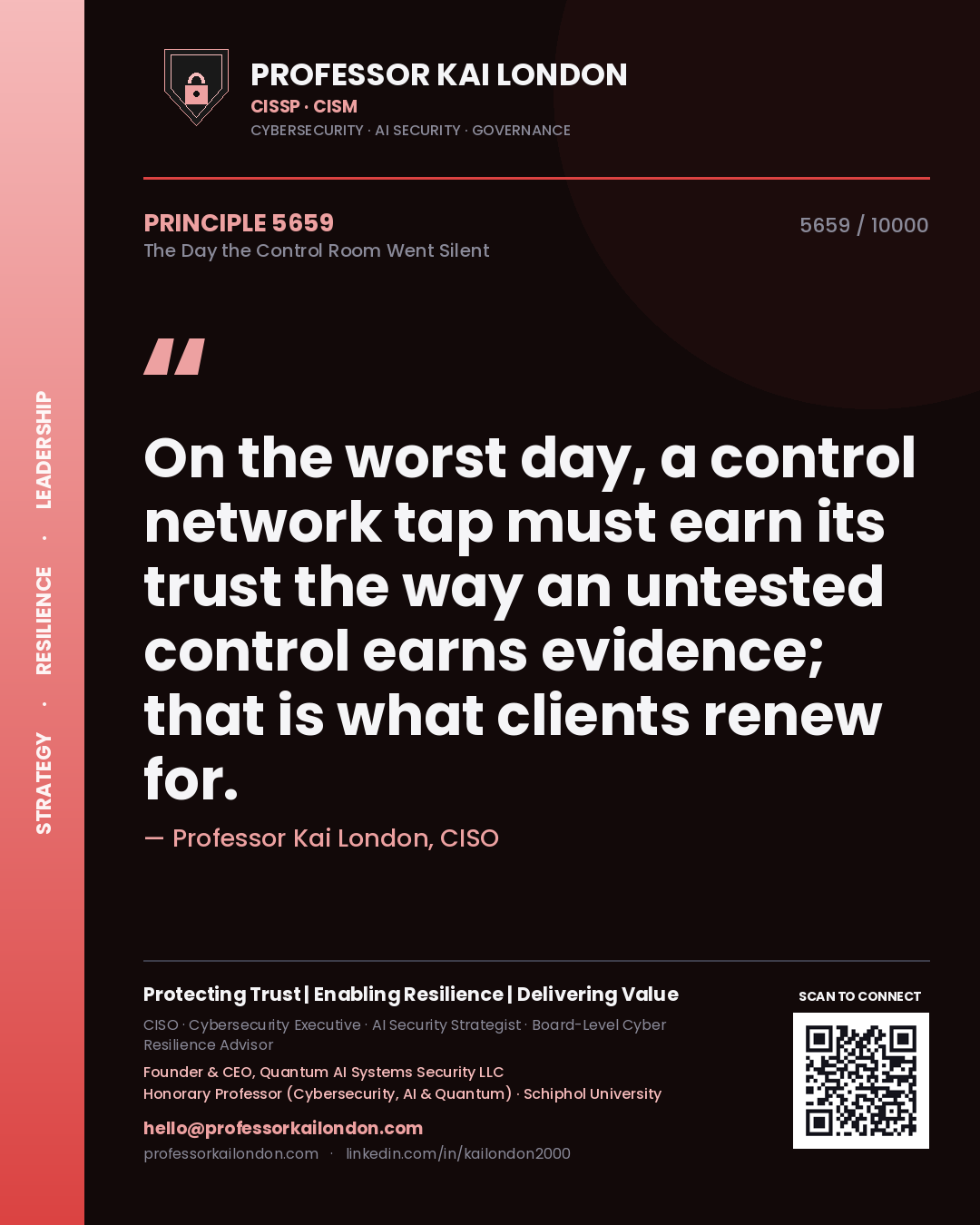 Professor Kai London principle 5659: On the worst day, a control network tap must earn its trust the way an untested control earns evidence; that is what clients renew for.