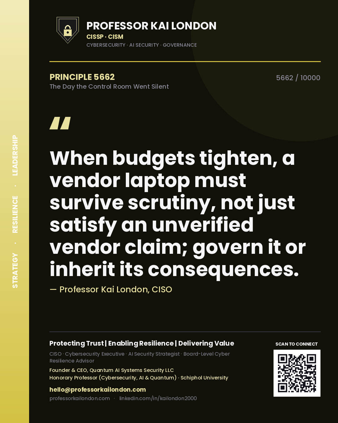 Professor Kai London principle 5662: When budgets tighten, a vendor laptop must survive scrutiny, not just satisfy an unverified vendor claim; govern it or inherit its consequences.