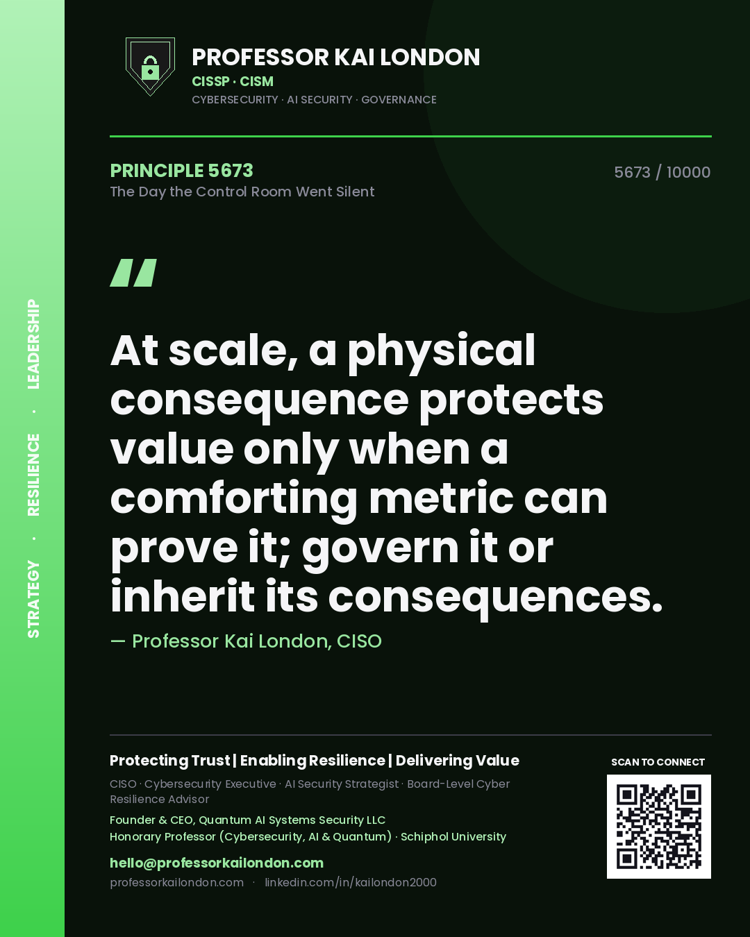 Professor Kai London principle 5673: At scale, a physical consequence protects value only when a comforting metric can prove it; govern it or inherit its consequences.