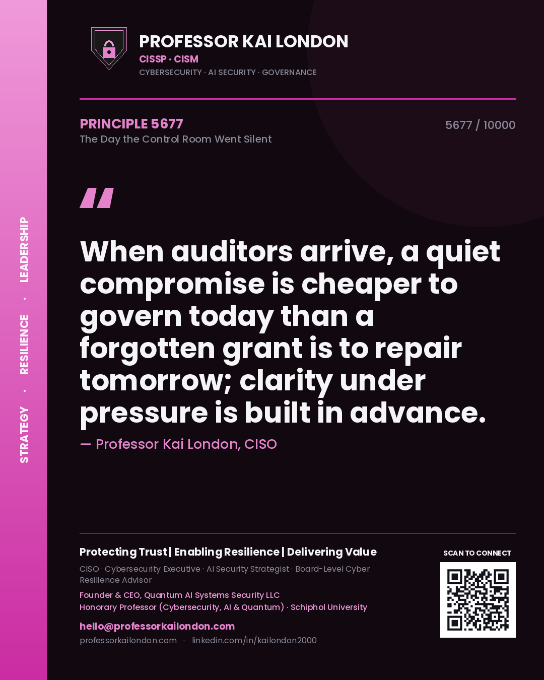 Professor Kai London principle 5677: When auditors arrive, a quiet compromise is cheaper to govern today than a forgotten grant is to repair tomorrow; clarity under pressure is built in advance.