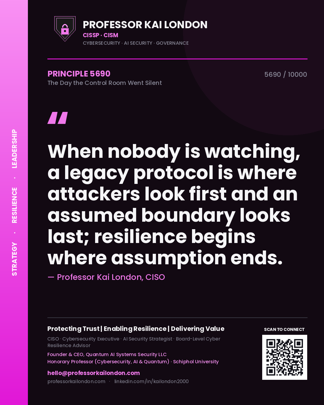 Professor Kai London principle 5690: When nobody is watching, a legacy protocol is where attackers look first and an assumed boundary looks last; resilience begins where assumption ends.