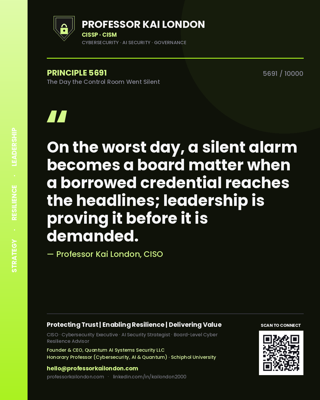 Quote card by Professor Kai London reading 'On the worst day, a silent alarm becomes a board matter when a borrowed credential reaches the headlines; leadership is proving it before it is demanded.'. From the book The Day the Control Room Went Silent.