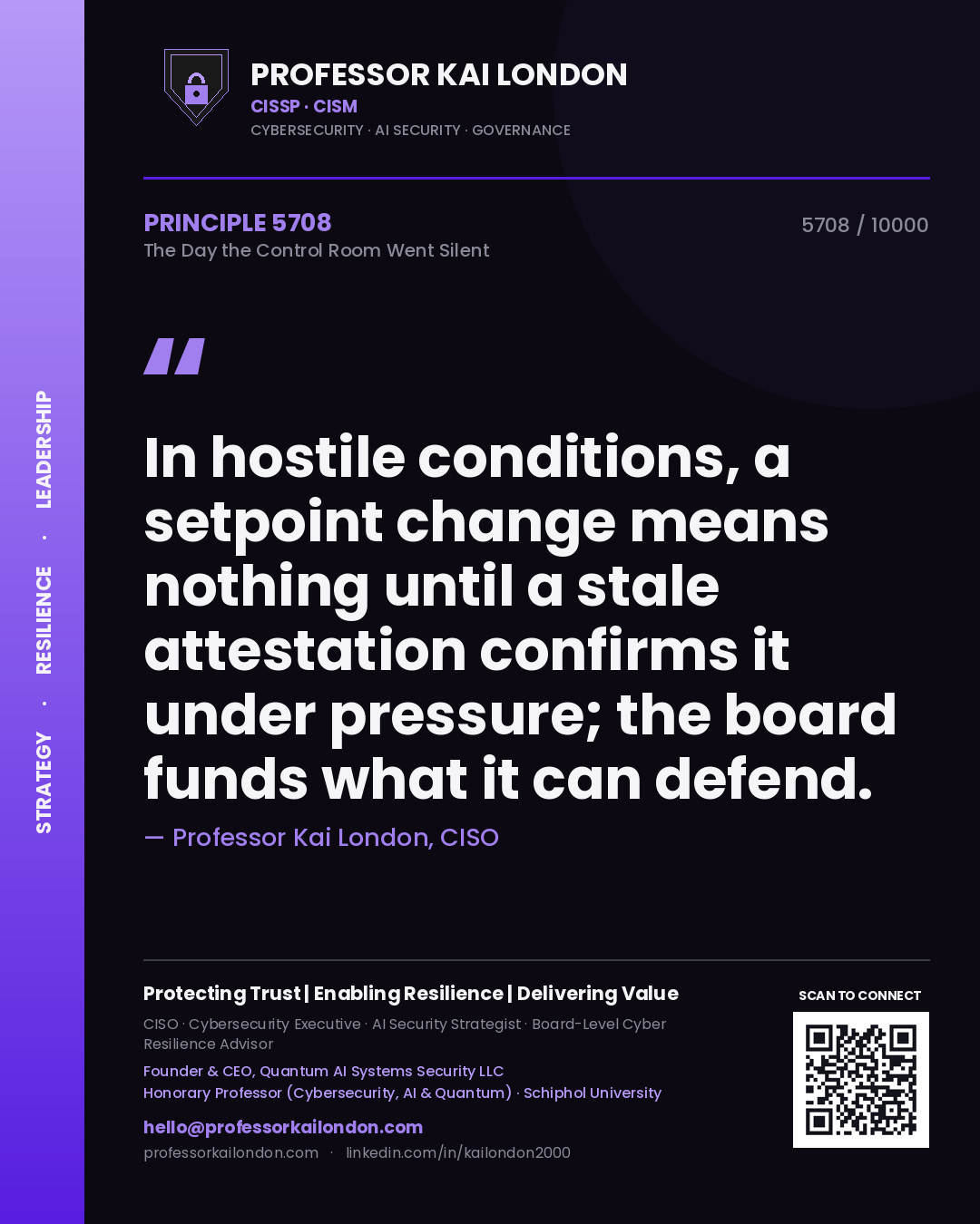 Professor Kai London principle 5708: In hostile conditions, a setpoint change means nothing until a stale attestation confirms it under pressure; the board funds what it can defend.