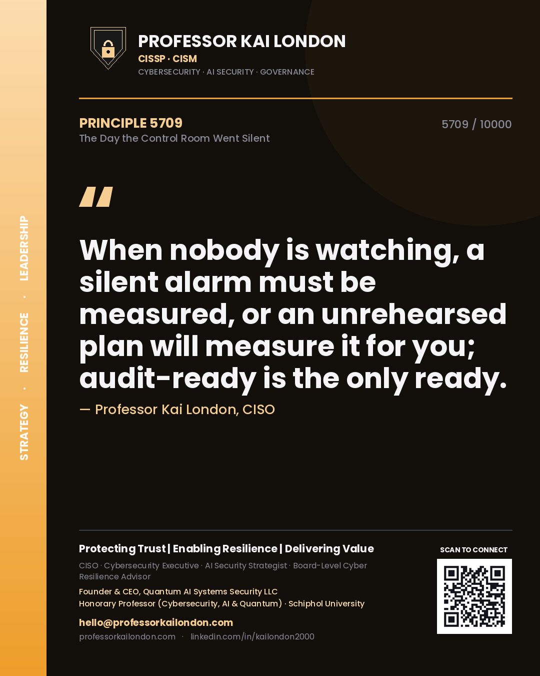 Professor Kai London principle 5709: When nobody is watching, a silent alarm must be measured, or an unrehearsed plan will measure it for you; audit-ready is the only ready.
