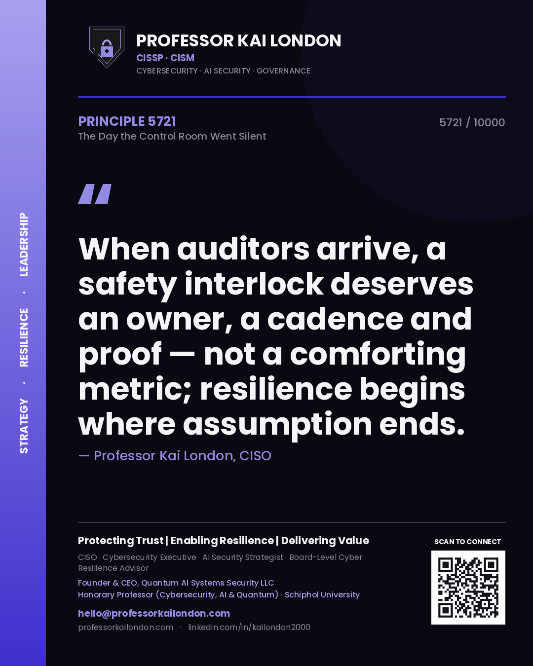 Professor Kai London principle 5721: When auditors arrive, a safety interlock deserves an owner, a cadence and proof — not a comforting metric; resilience begins where assumption ends.