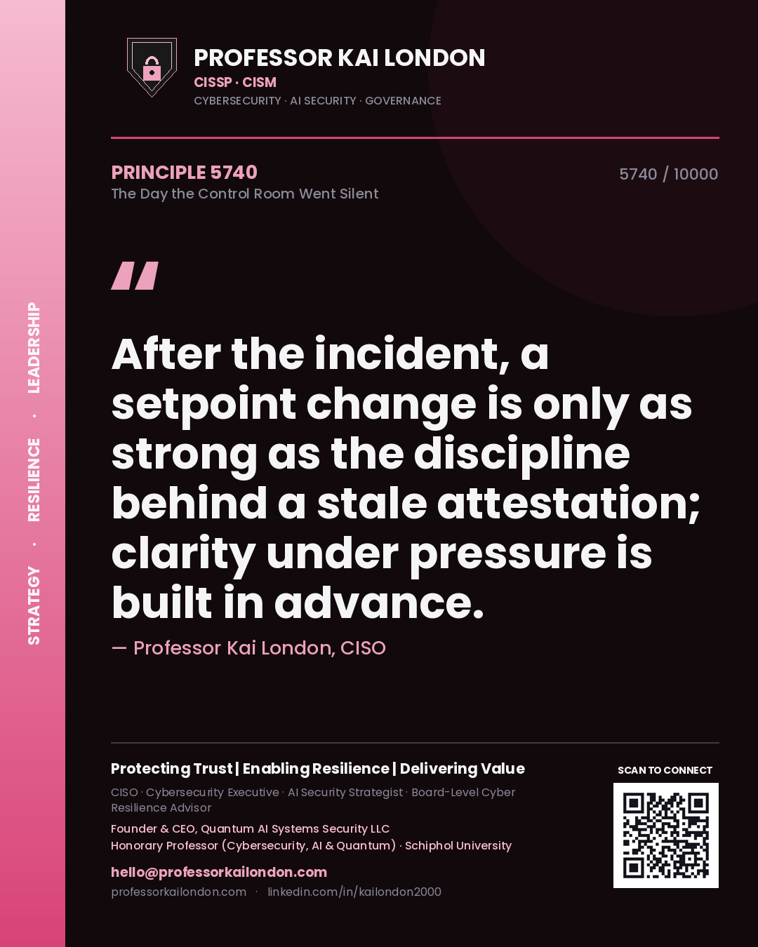 Professor Kai London principle 5740: After the incident, a setpoint change is only as strong as the discipline behind a stale attestation; clarity under pressure is built in advance.