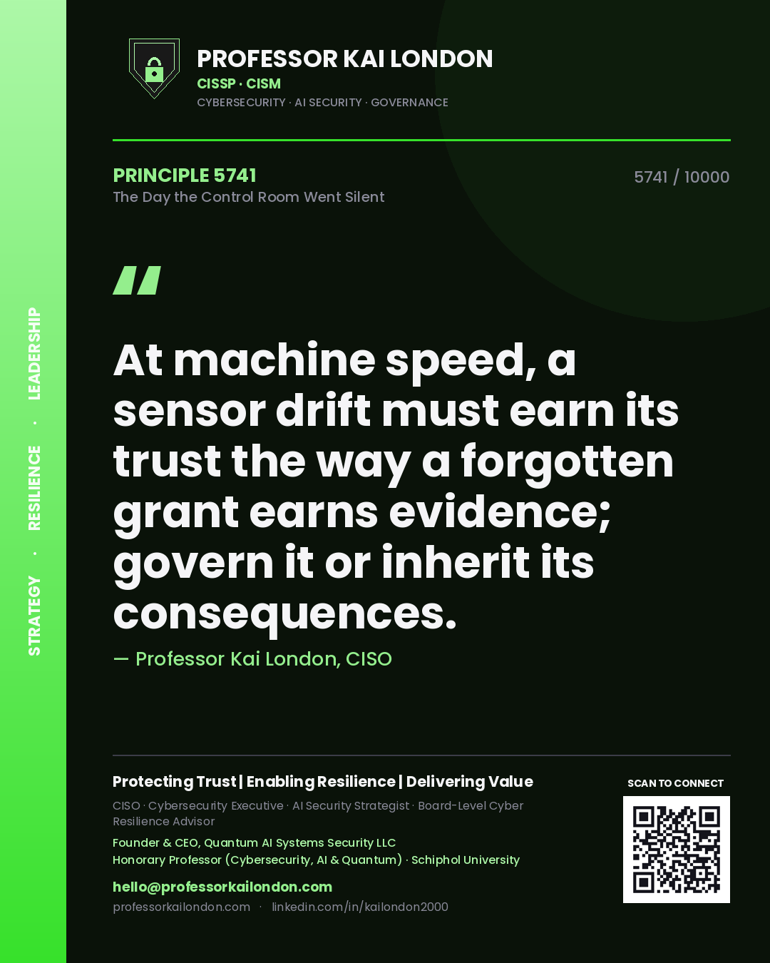 Professor Kai London principle 5741: At machine speed, a sensor drift must earn its trust the way a forgotten grant earns evidence; govern it or inherit its consequences.