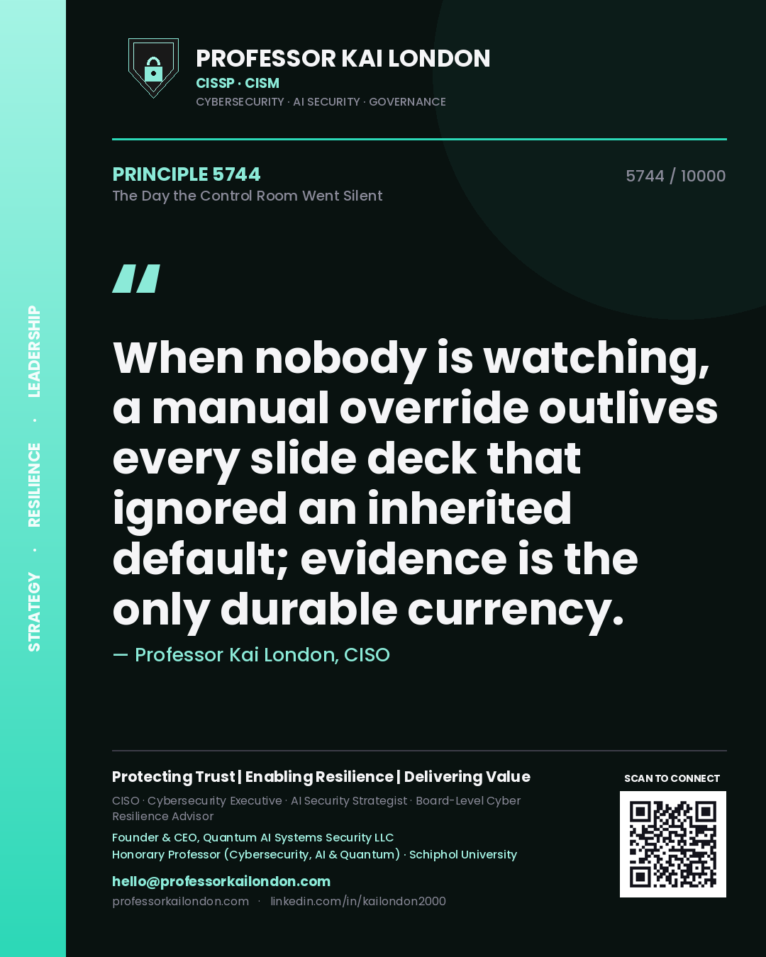 Professor Kai London principle 5744: When nobody is watching, a manual override outlives every slide deck that ignored an inherited default; evidence is the only durable currency.
