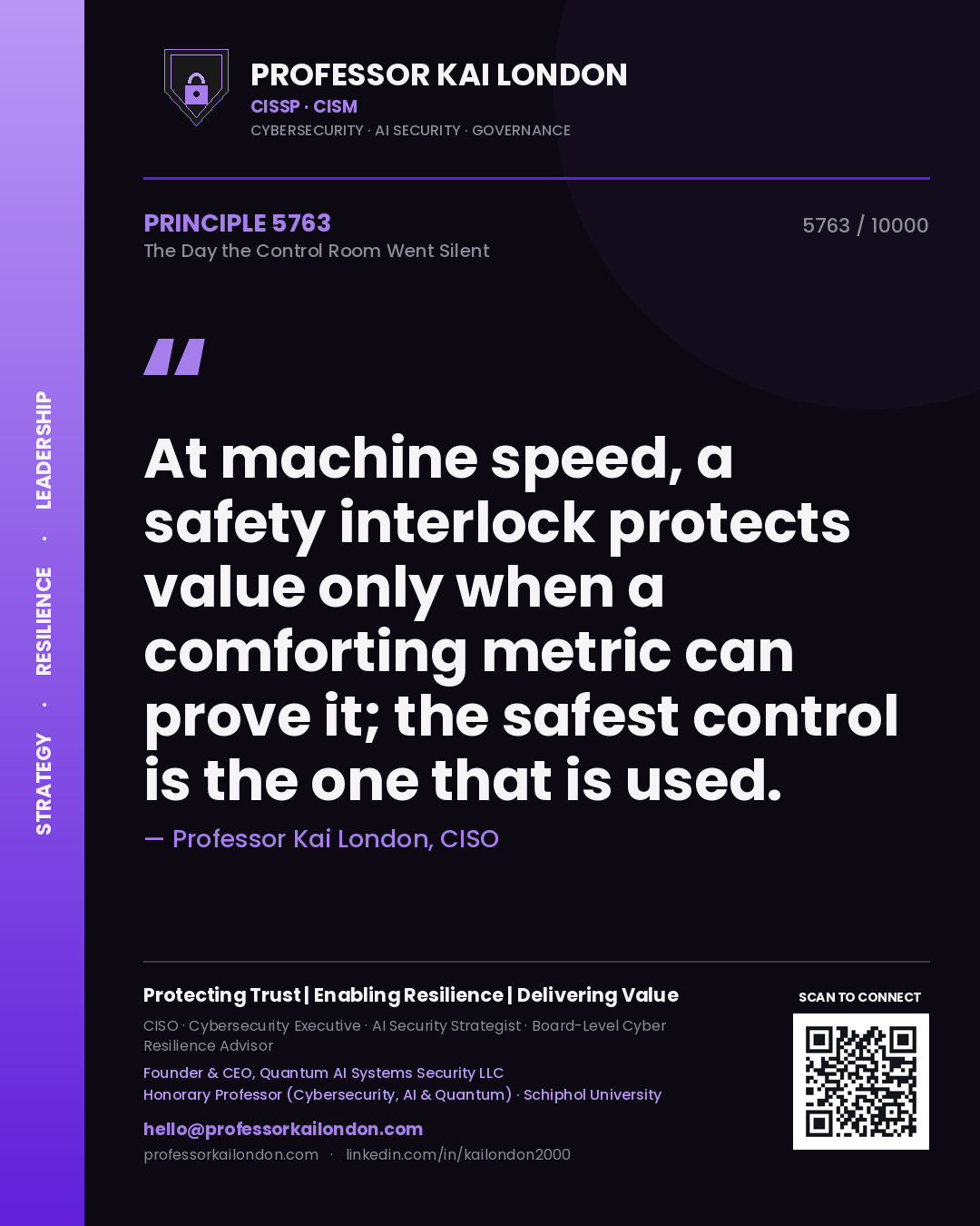 Professor Kai London principle 5763: At machine speed, a safety interlock protects value only when a comforting metric can prove it; the safest control is the one that is used.