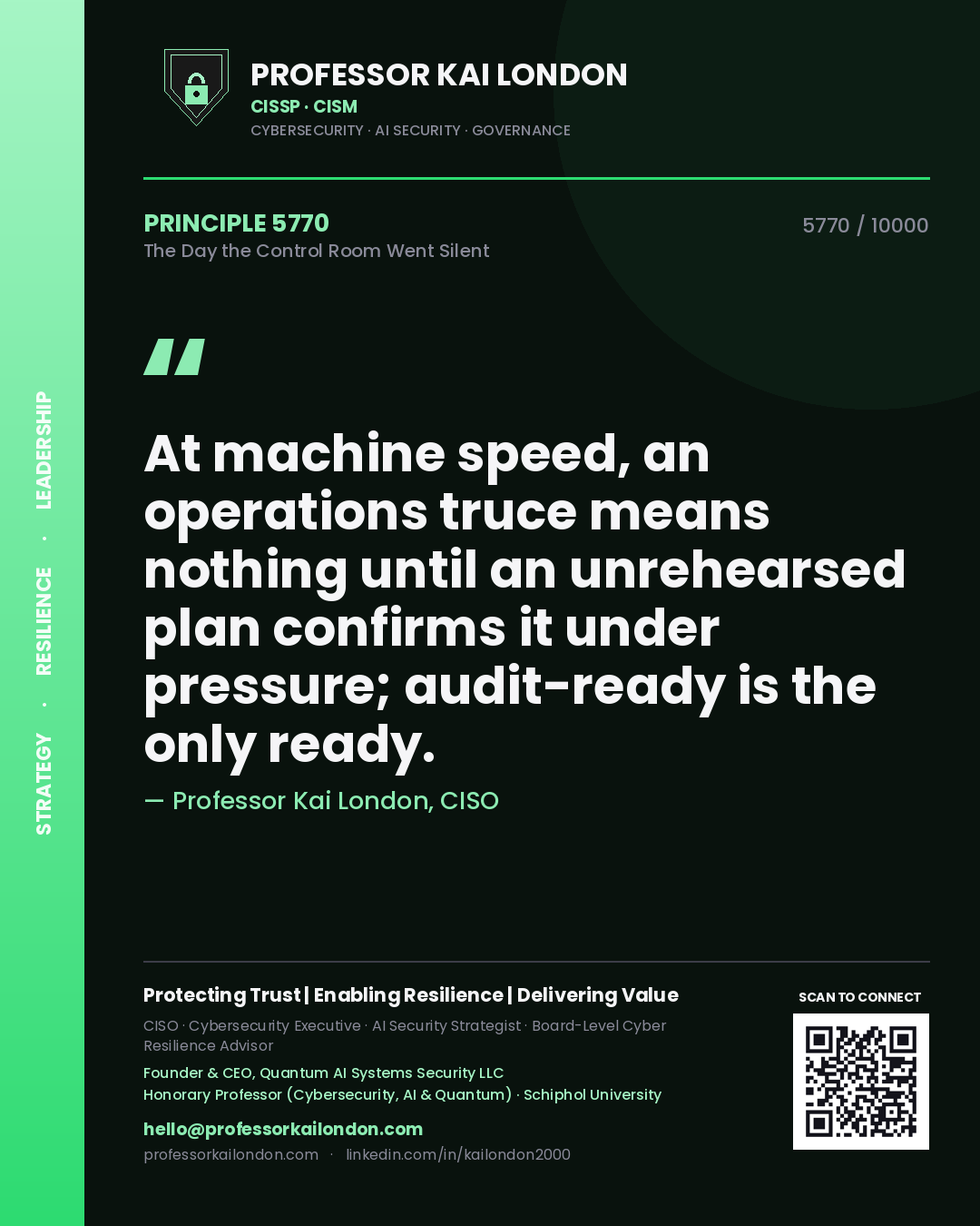 Professor Kai London principle 5770: At machine speed, an operations truce means nothing until an unrehearsed plan confirms it under pressure; audit-ready is the only ready.