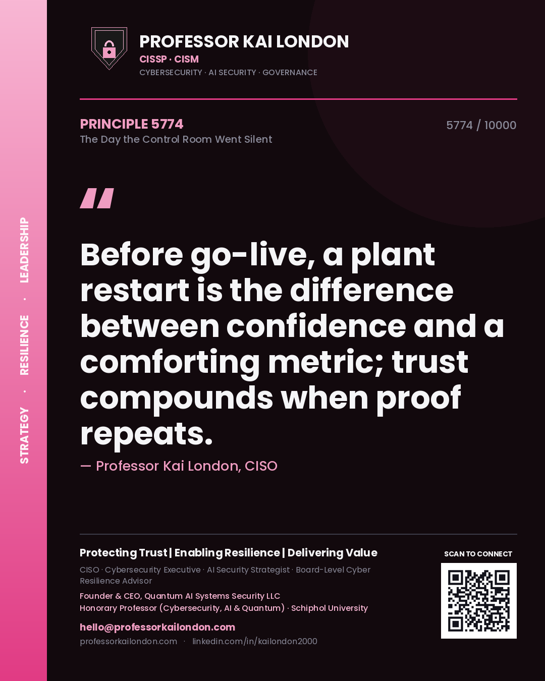 Professor Kai London principle 5774: Before go-live, a plant restart is the difference between confidence and a comforting metric; trust compounds when proof repeats.