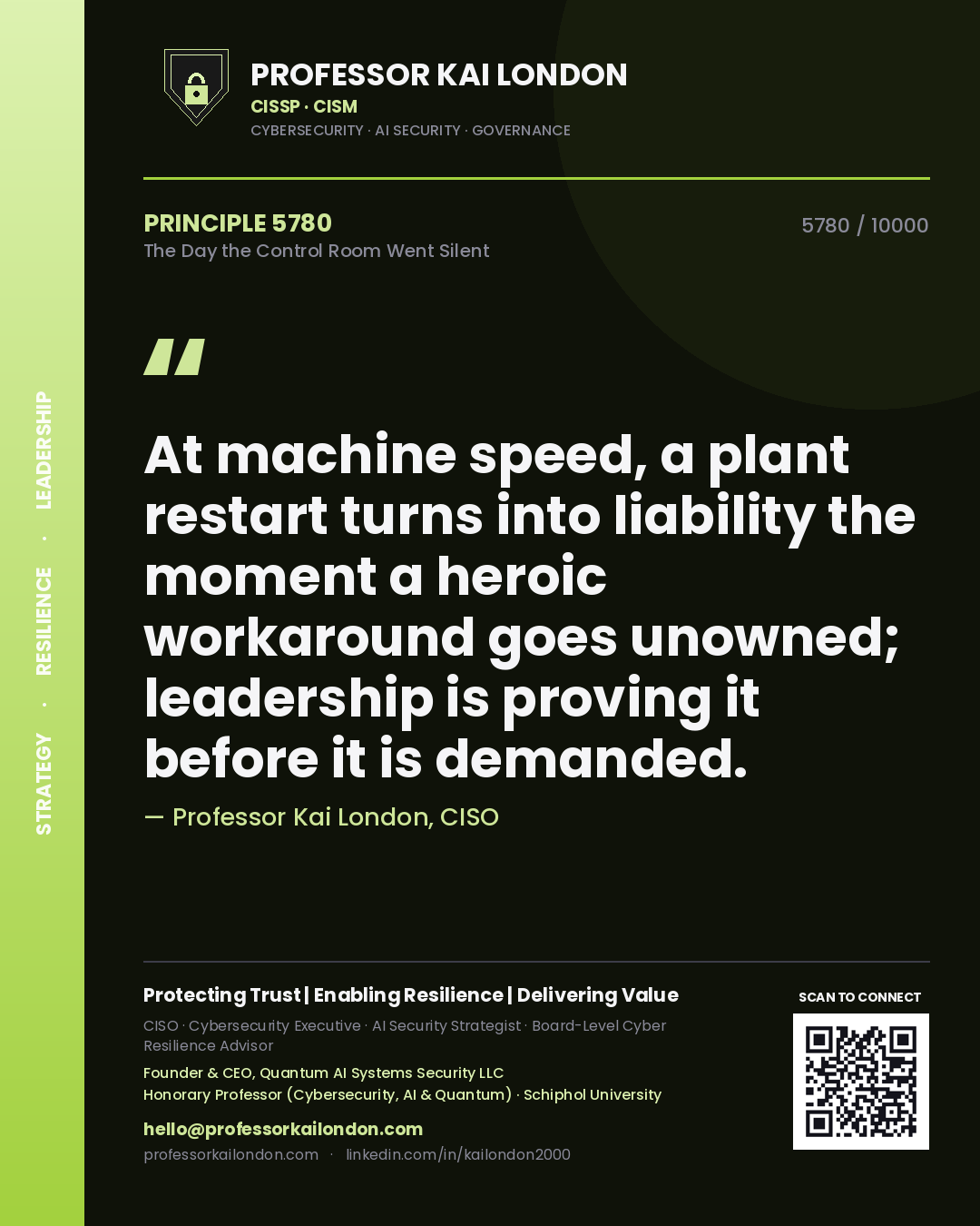Quote card by Professor Kai London reading 'At machine speed, a plant restart turns into liability the moment a heroic workaround goes unowned; leadership is proving it before it is demanded.'. From the book The Day the Control Room Went Silent.