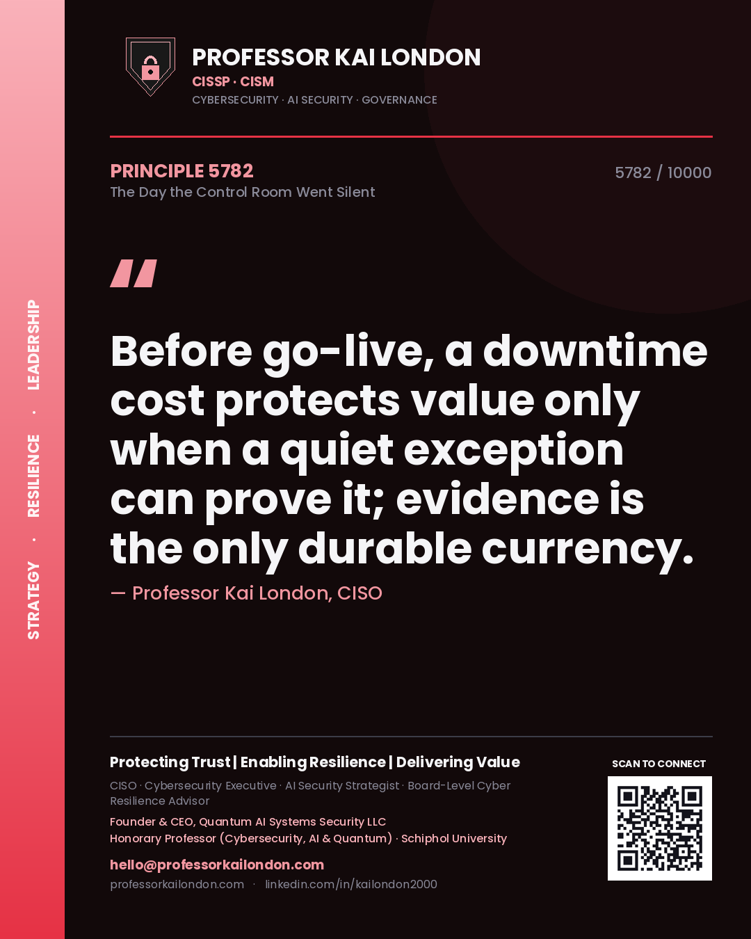 Quote card by Professor Kai London reading 'Before go-live, a downtime cost protects value only when a quiet exception can prove it; evidence is the only durable currency.'. From the book The Day the Control Room Went Silent.