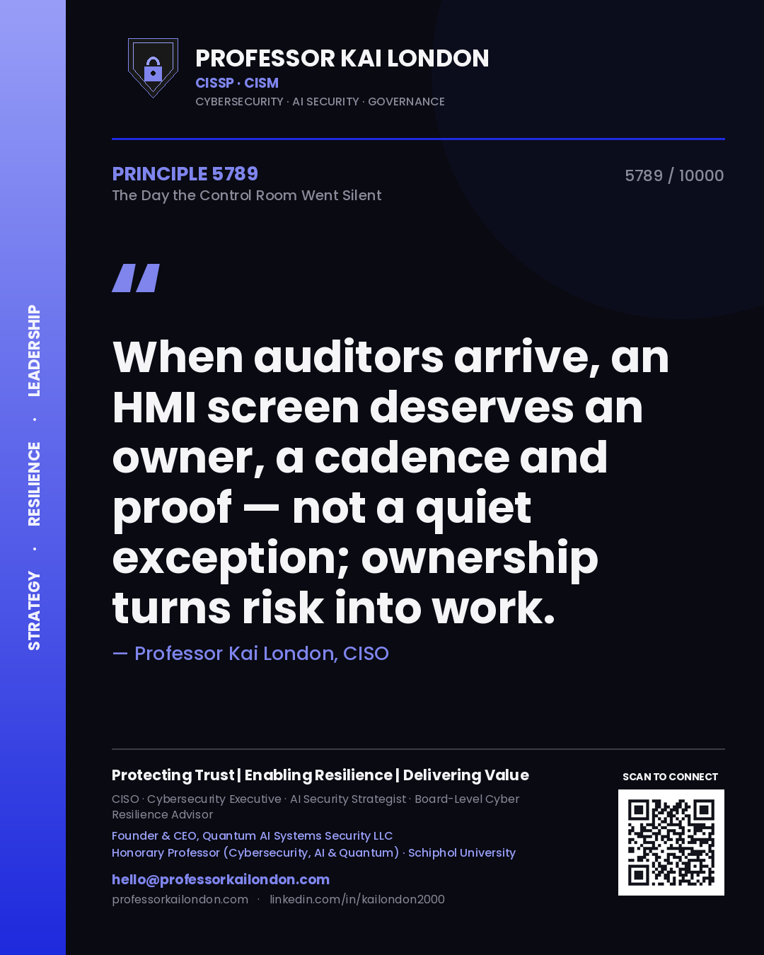 Professor Kai London principle 5789: When auditors arrive, an HMI screen deserves an owner, a cadence and proof — not a quiet exception; ownership turns risk into work.