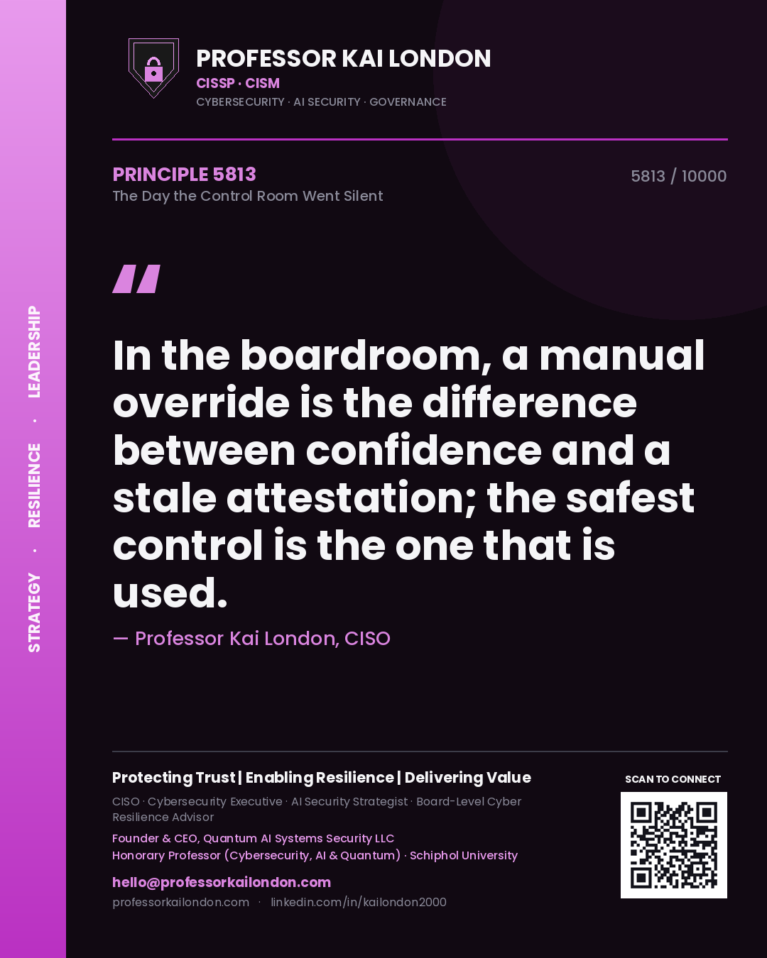 Quote card by Professor Kai London reading 'In the boardroom, a manual override is the difference between confidence and a stale attestation; the safest control is the one that is used.'. From the book The Day the Control Room Went Silent.