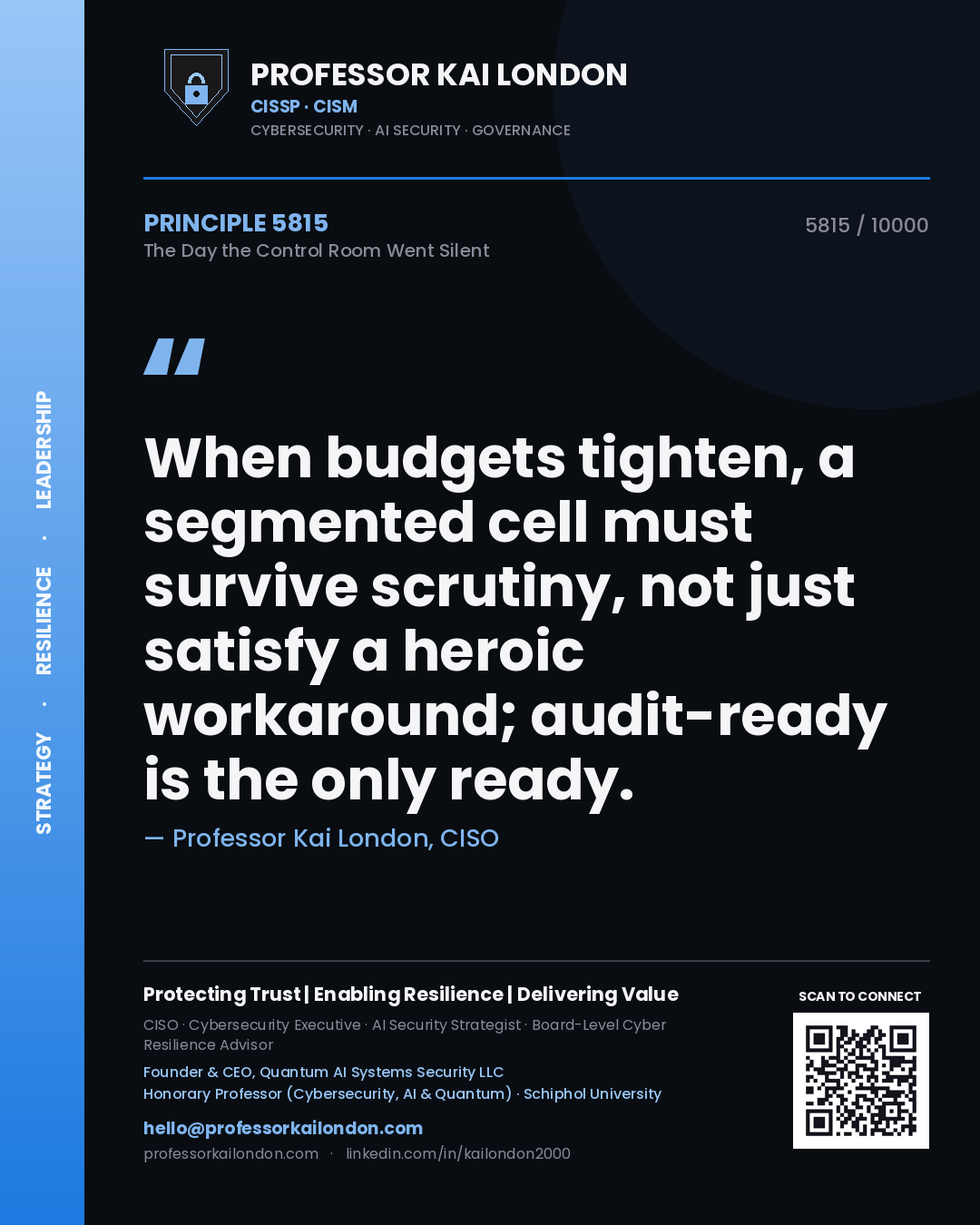Professor Kai London principle 5815: When budgets tighten, a segmented cell must survive scrutiny, not just satisfy a heroic workaround; audit-ready is the only ready.