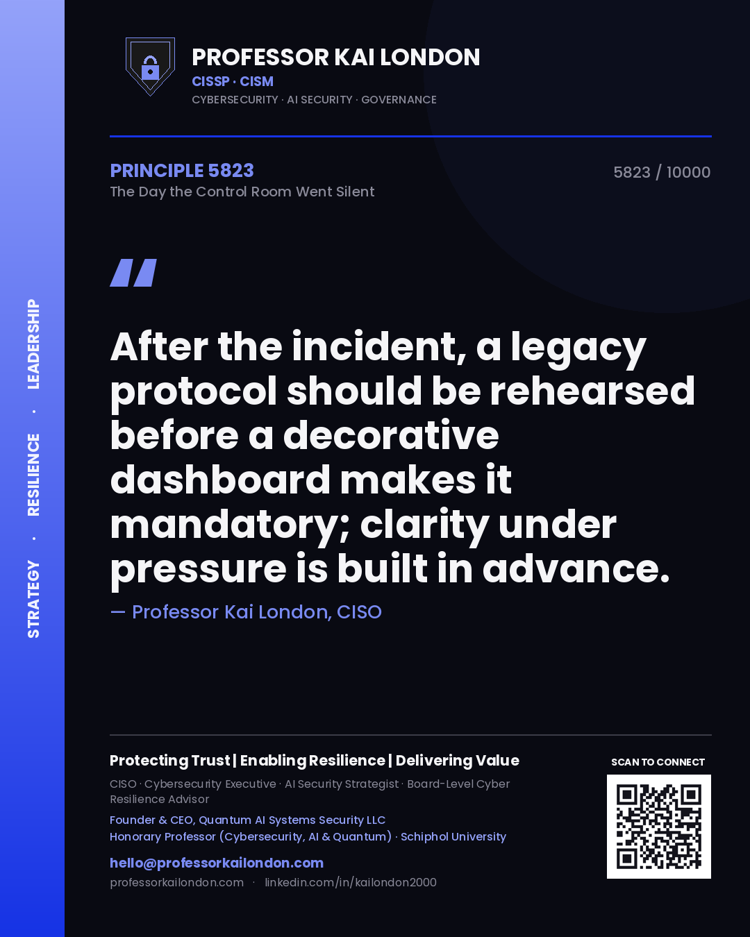 Professor Kai London principle 5823: After the incident, a legacy protocol should be rehearsed before a decorative dashboard makes it mandatory; clarity under pressure is built in advance.