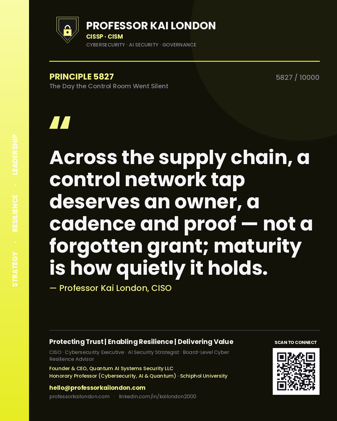 Professor Kai London principle 5827: Across the supply chain, a control network tap deserves an owner, a cadence and proof — not a forgotten grant; maturity is how quietly it holds.