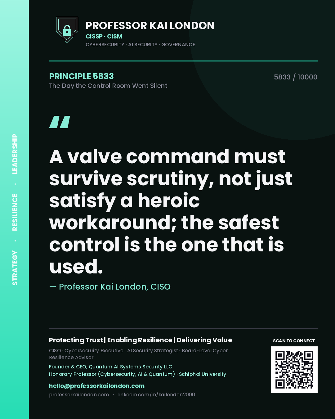 Professor Kai London principle 5833: A valve command must survive scrutiny, not just satisfy a heroic workaround; the safest control is the one that is used.
