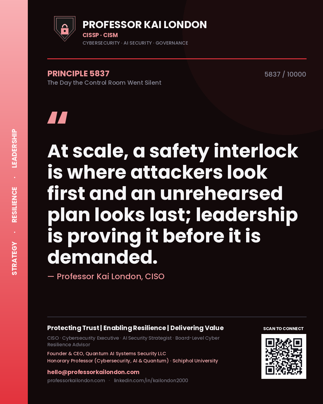 Quote card by Professor Kai London reading 'At scale, a safety interlock is where attackers look first and an unrehearsed plan looks last; leadership is proving it before it is demanded.'. From the book The Day the Control Room Went Silent.