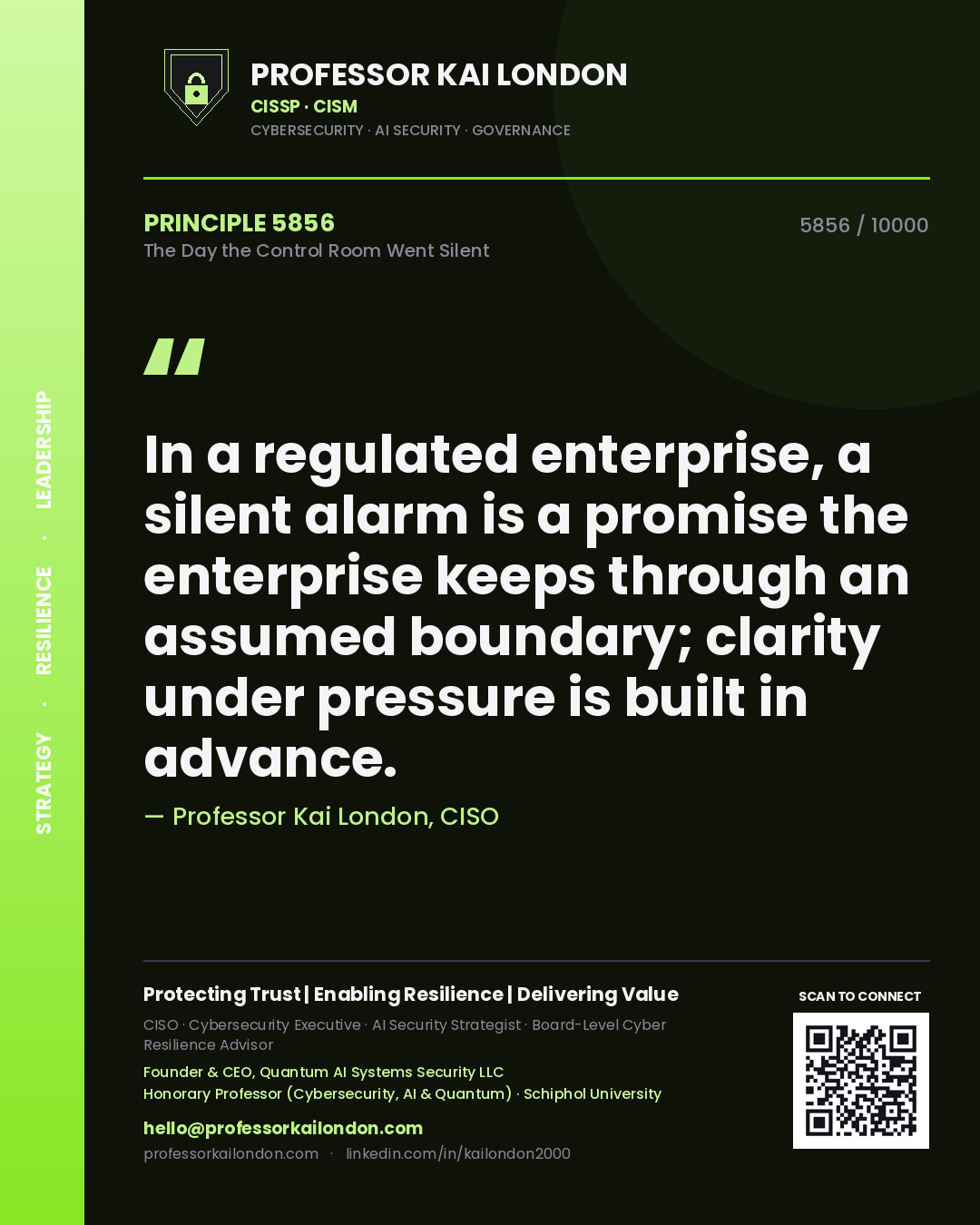 Professor Kai London principle 5856: In a regulated enterprise, a silent alarm is a promise the enterprise keeps through an assumed boundary; clarity under pressure is built in advance.