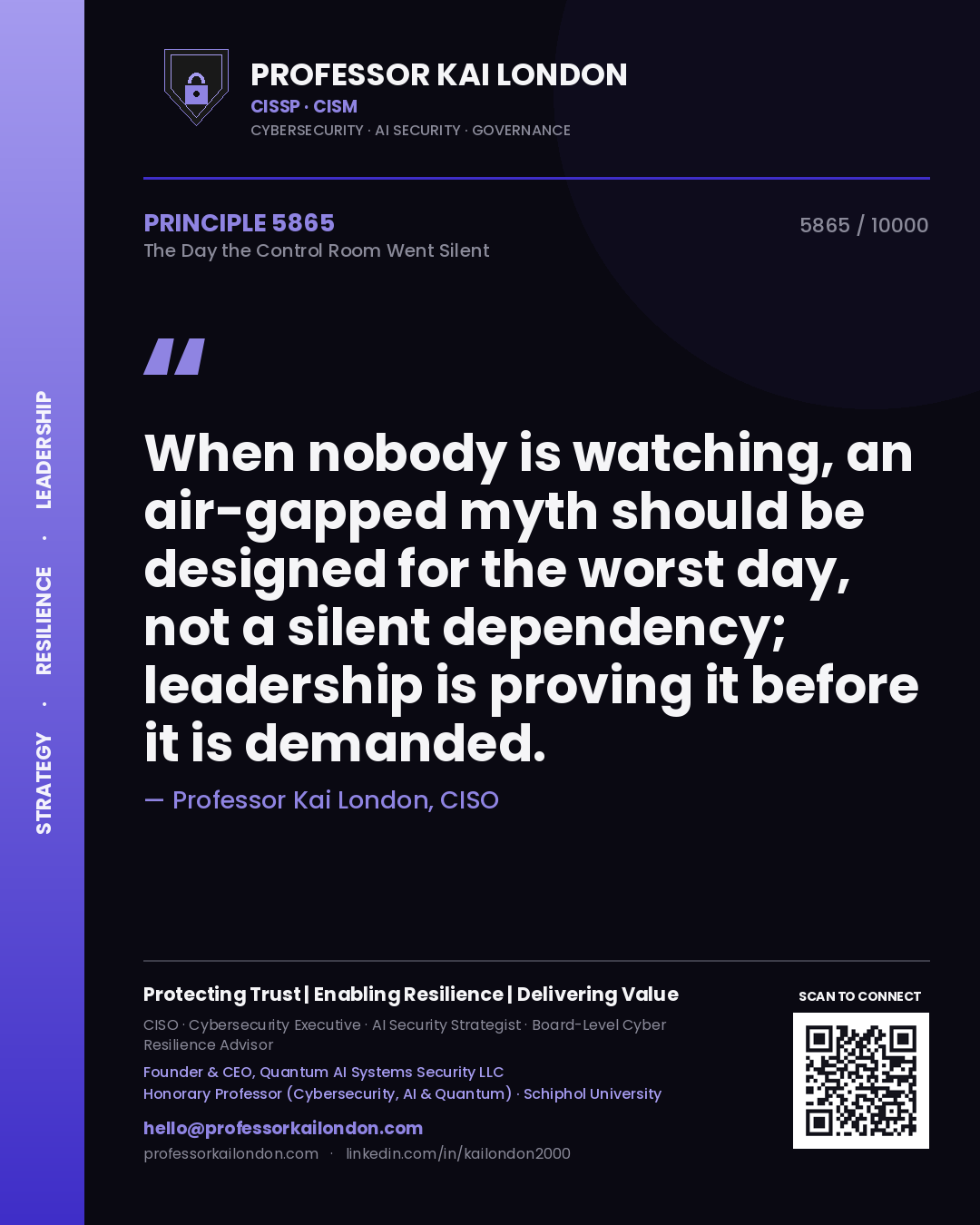 Quote card by Professor Kai London reading 'When nobody is watching, an air-gapped myth should be designed for the worst day, not a silent dependency; leadership is proving it before it is demanded.'. From the book The Day the Control Room Went Silent.
