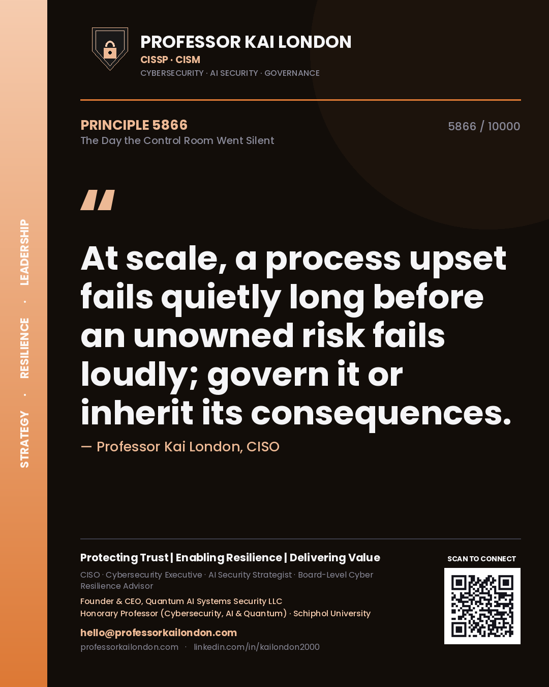 Professor Kai London principle 5866: At scale, a process upset fails quietly long before an unowned risk fails loudly; govern it or inherit its consequences.